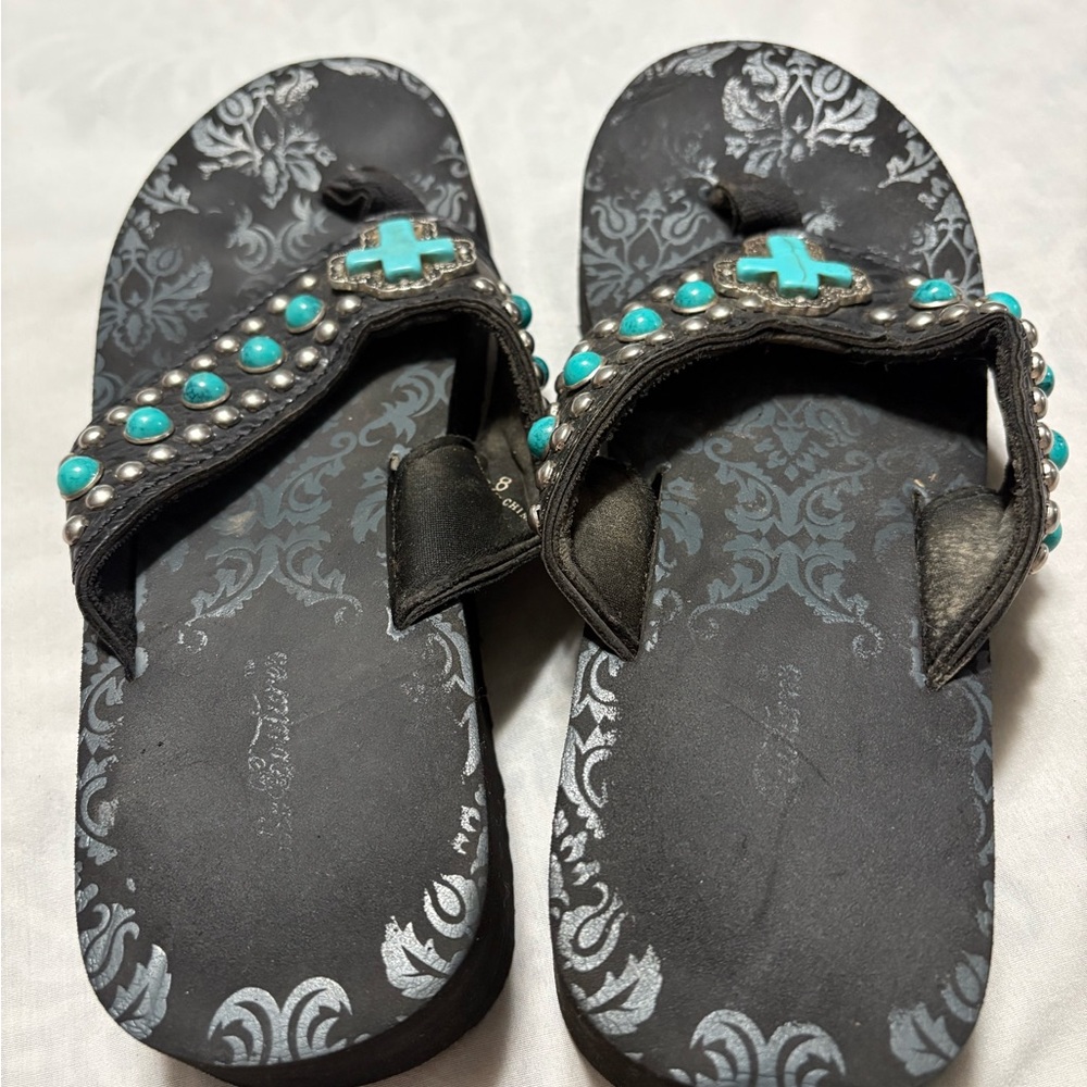 Black Sandals with Turquoise Cross Accents - Picture 3 of 4